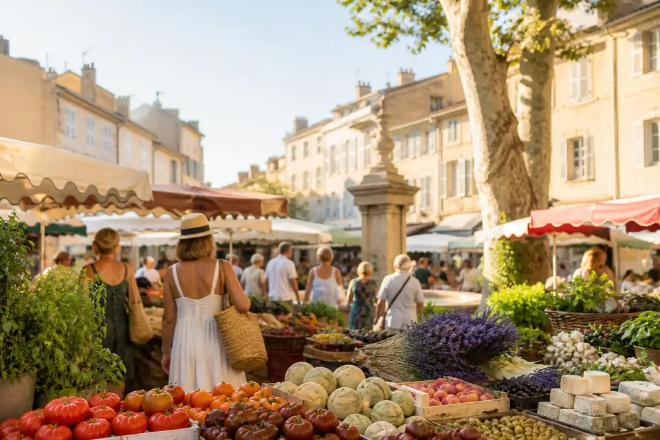 Marché provençal dans le centre historique d'Aix-en-Provence : étals de tomates, melons, lavande et fromages de chèvre