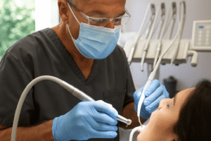 un dentiste occupé à détartrer les dents de son patient