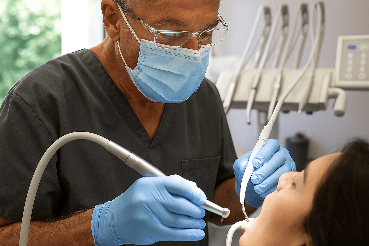 un dentiste occupé à détartrer les dents de son patient