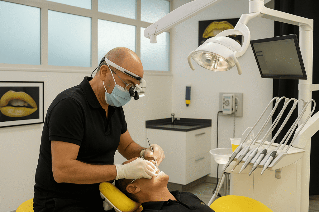 le docteur chirurgien dentiste idrissi à aix en provence avec un patient en cours de de blanchiment dentaire