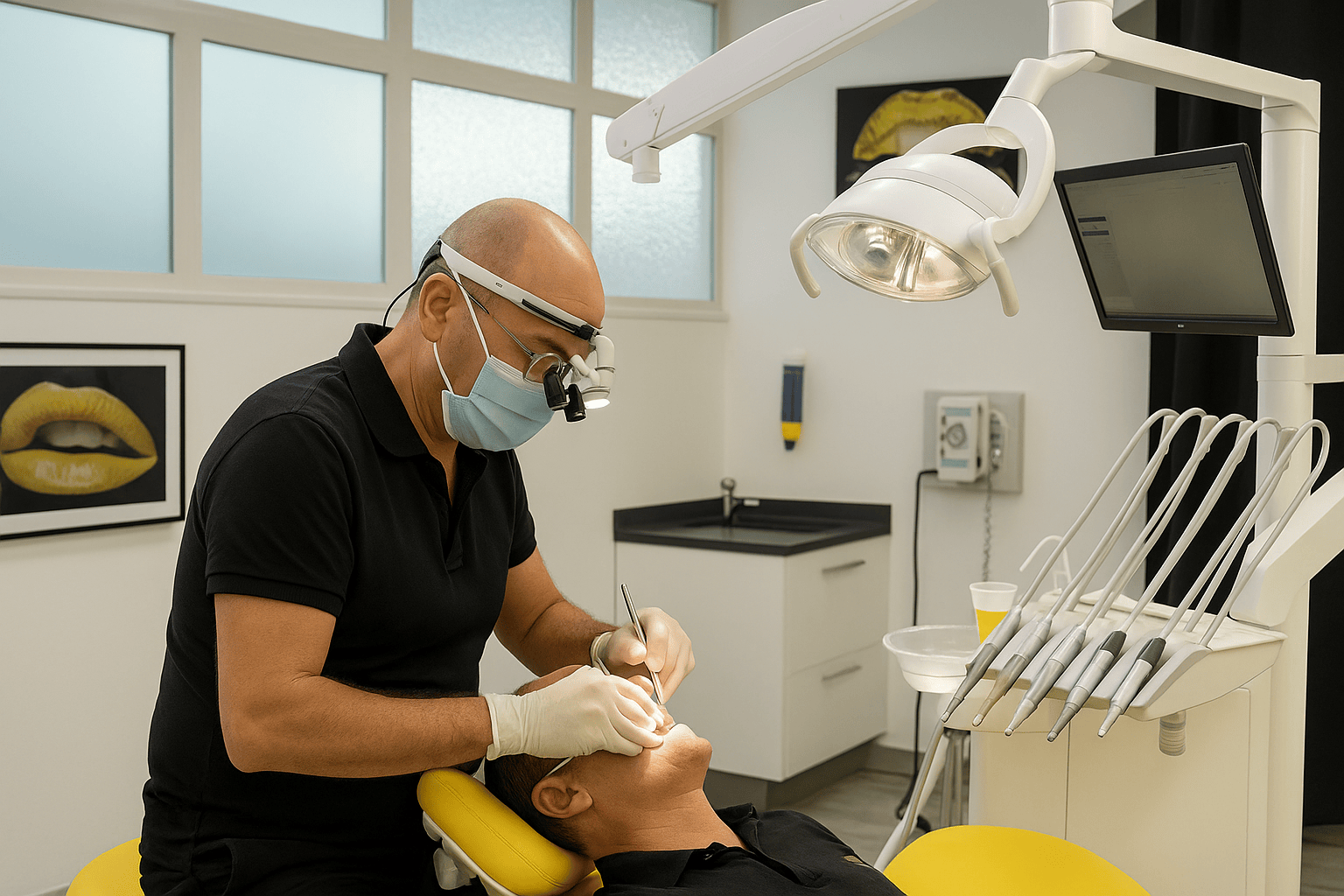 le docteur chirurgien dentiste idrissi à aix en provence avec un patient en cours de de blanchiment dentaire