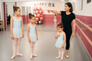 trois jeune danseuse débutante dans la salle de danse du rond point de la danse